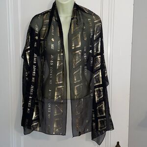 Vtg kitschy black & gold polyester “Jesus Loves Me” & “I love‎ Jesus” scarf wrap